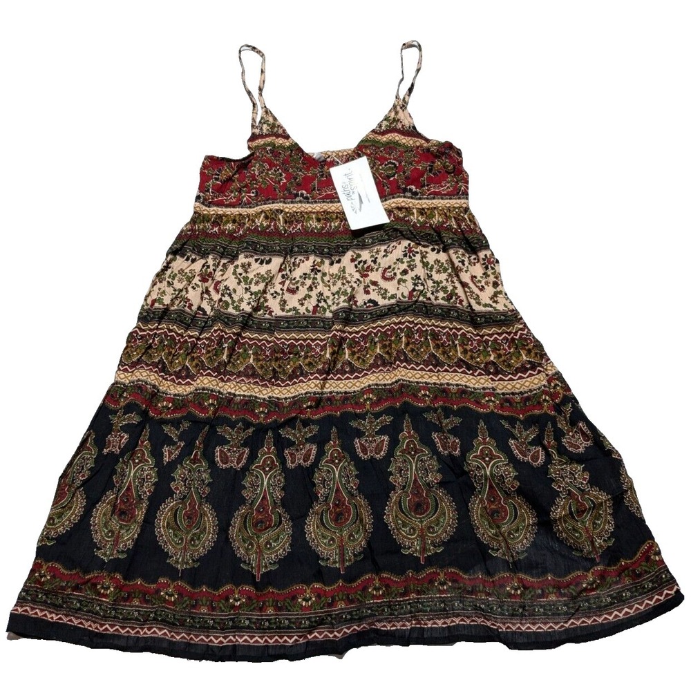 PATHS OF THE SPIRIT Women One Size Black Paisley Crinkle Viscose BOHO Dress NEW